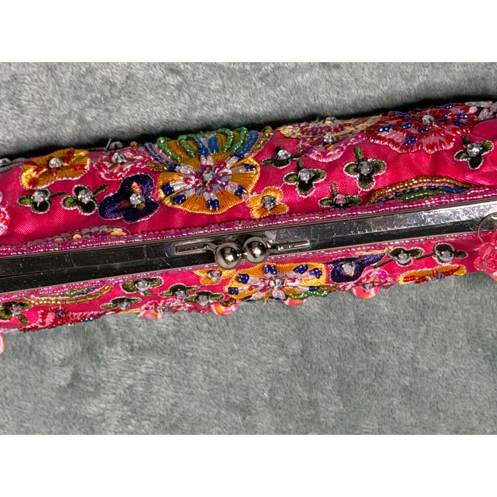 Pink Embroidered Satin Clutch Evening Bag Kiss Lock Boho Festival Statement Bag - Picture 6 of 11